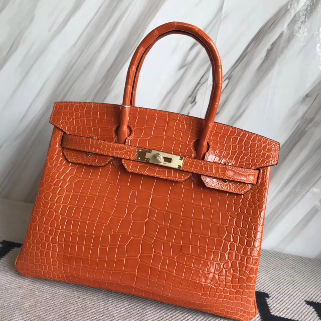 Luxury Hermes 8V Coppy Orange Porosus Shiny Crocodile Birkin30CM Bag Gold Hardware