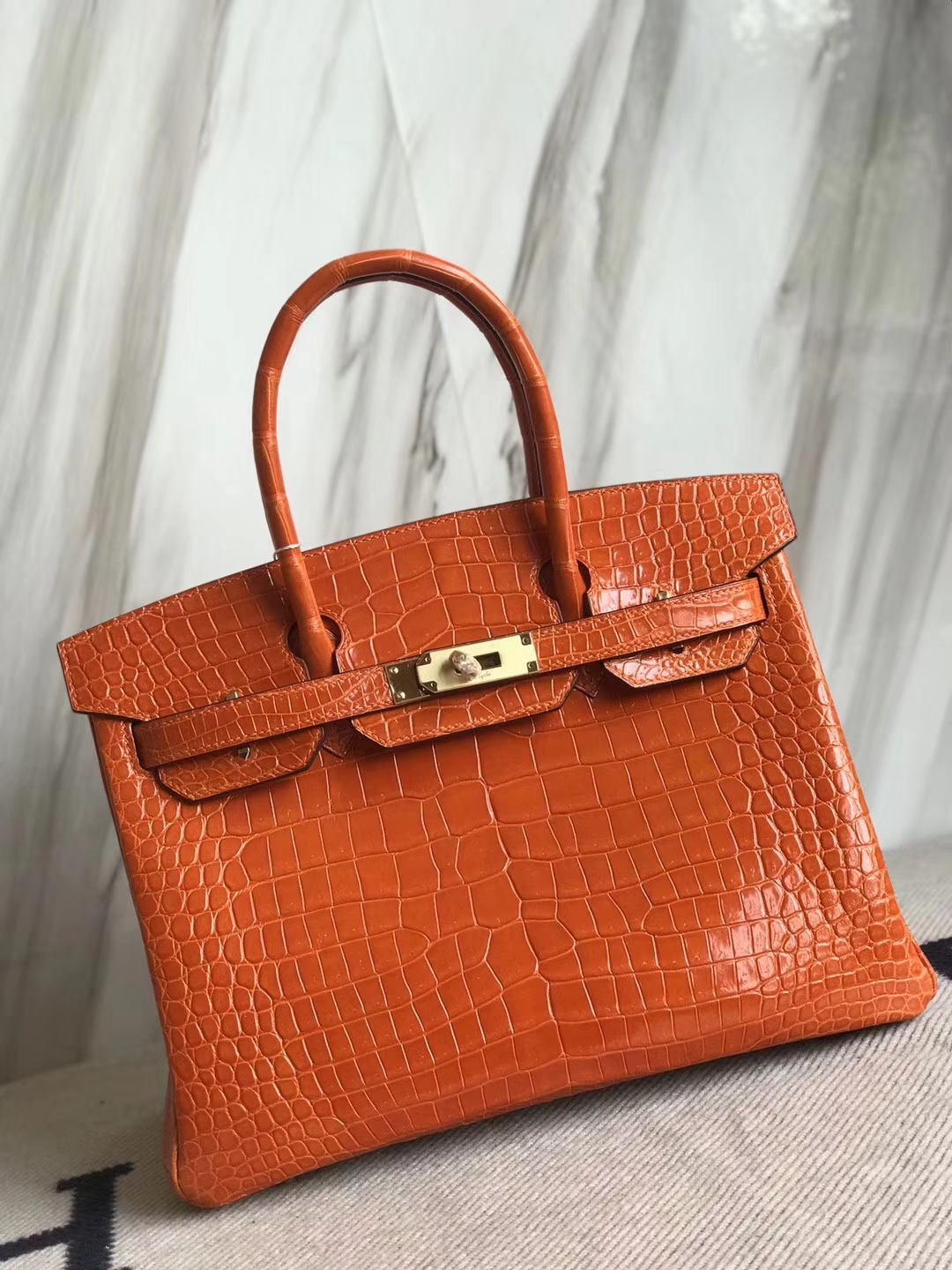 Luxury Hermes 8V Coppy Orange Porosus Shiny Crocodile Birkin30CM Bag Gold Hardware
