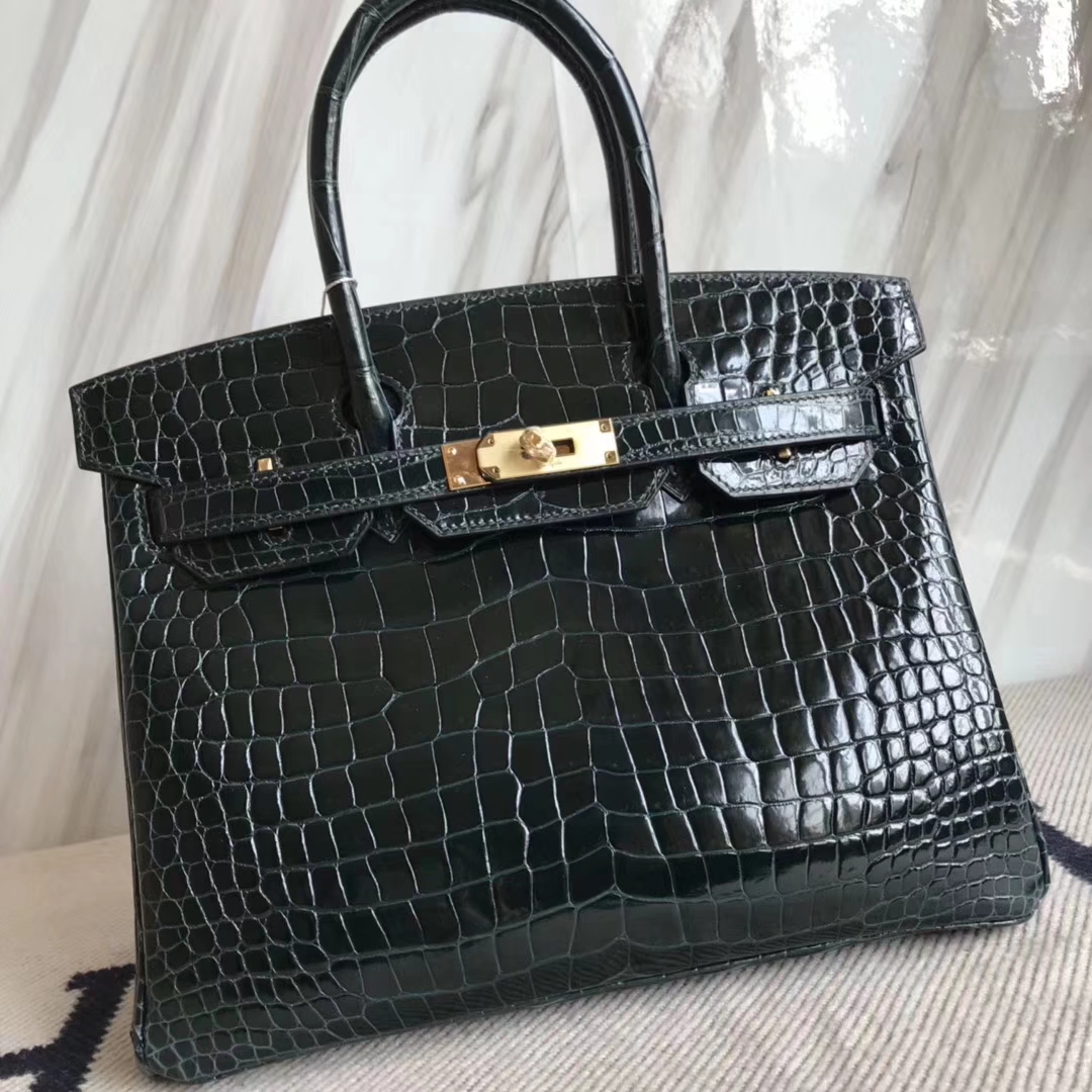 Fashion Hermes Shiny Crocodile Leather Birkin30CM Bag in 1P Blue Colvert Gold Hardware