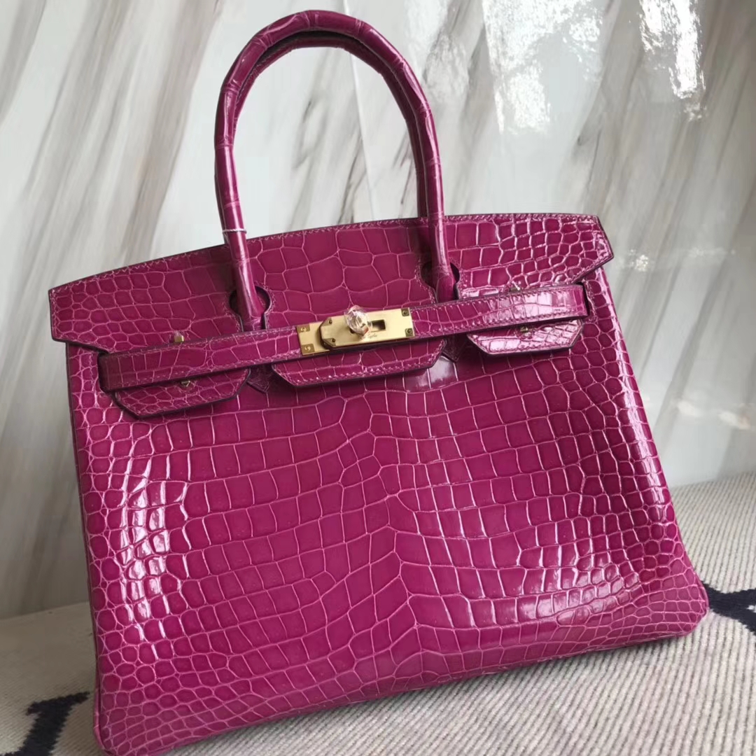 Discount Hermes J5 Rose Scheherazade Shiny Crocodile Birkin Bag30CM Gold Hardware