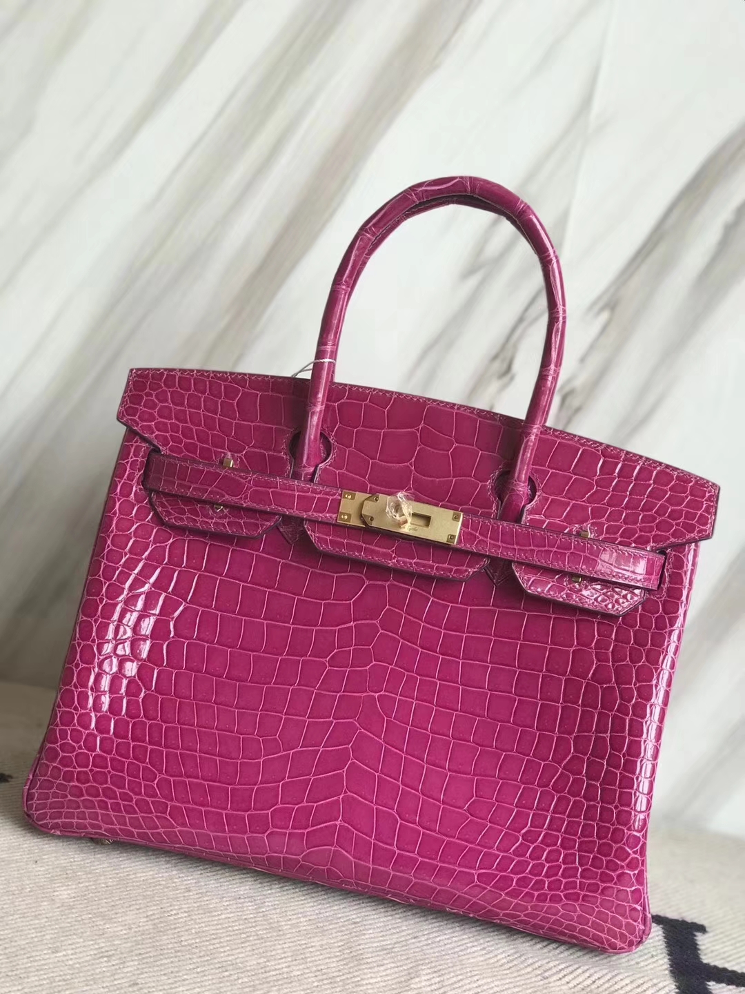 Discount Hermes J5 Rose Scheherazade Shiny Crocodile Birkin Bag30CM Gold Hardware