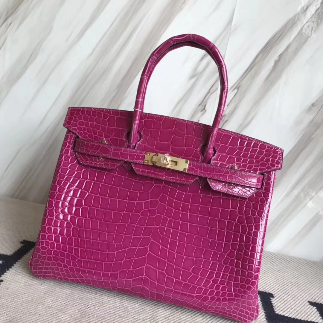 Discount Hermes J5 Rose Scheherazade Shiny Crocodile Birkin Bag30CM Gold Hardware