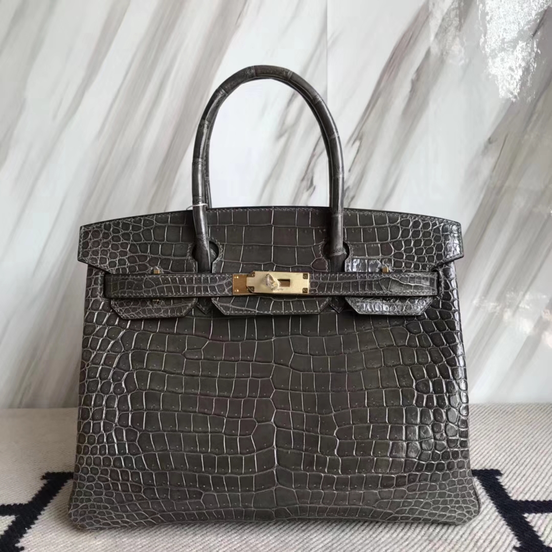 Sale Hermes Shiny Crocodile Birkin30CM Bag in CK88 Gris Graphite Gold Hardware