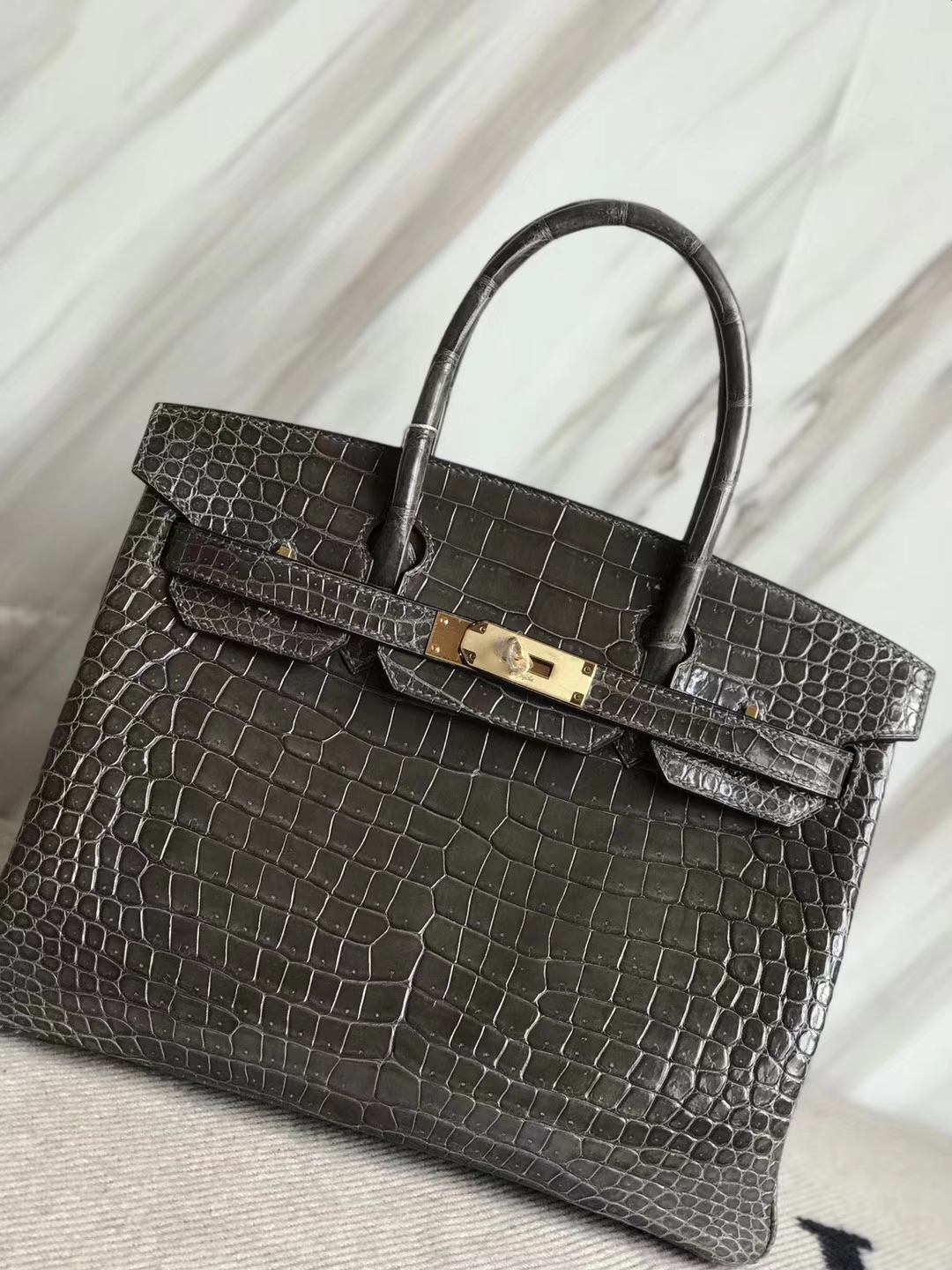 Sale Hermes Shiny Crocodile Birkin30CM Bag in CK88 Gris Graphite Gold Hardware