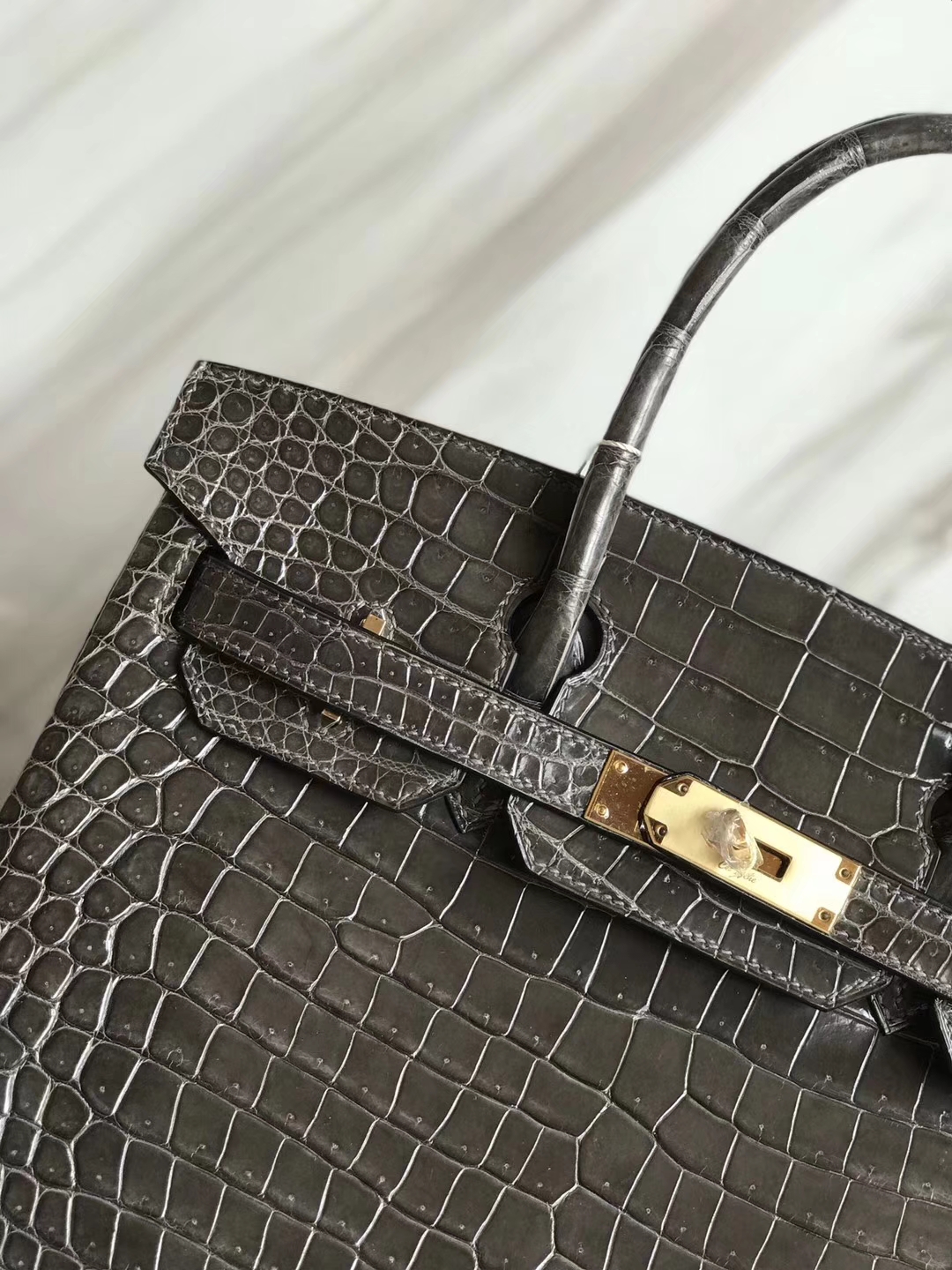 Sale Hermes Shiny Crocodile Birkin30CM Bag in CK88 Gris Graphite Gold Hardware