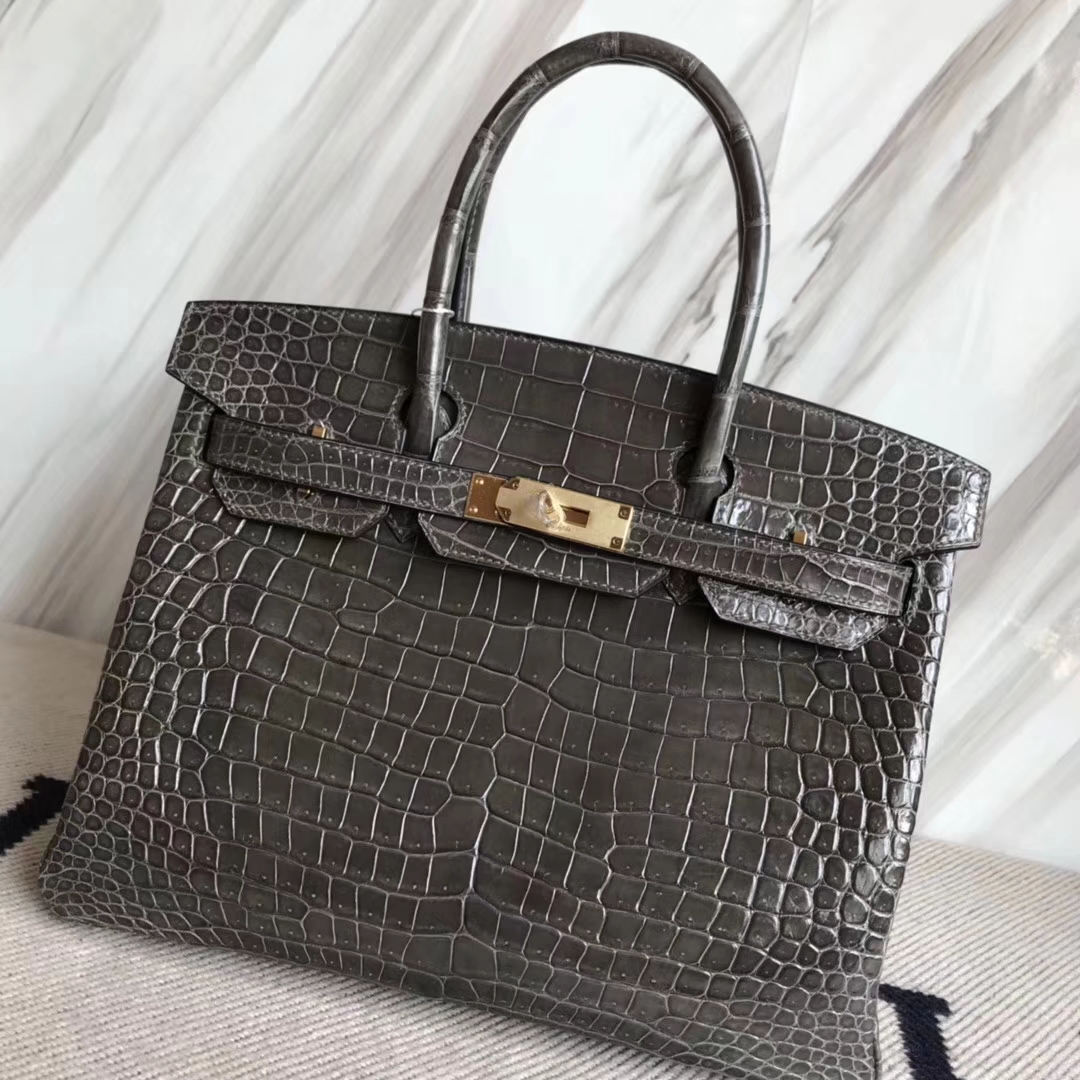 Sale Hermes Shiny Crocodile Birkin30CM Bag in CK88 Gris Graphite Gold Hardware