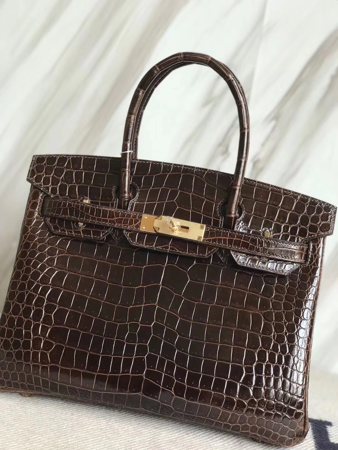 Fashion Hermes Shiny Crocodile Leather Birkin30CM Bag in 4D Coffee Gold Hardware
