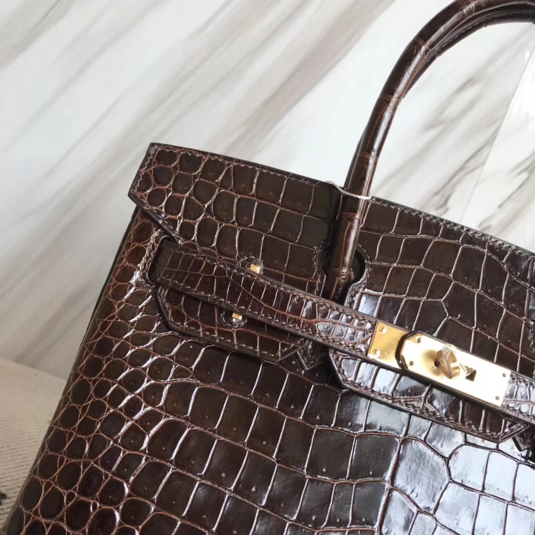 Fashion Hermes Shiny Crocodile Leather Birkin30CM Bag in 4D Coffee Gold Hardware