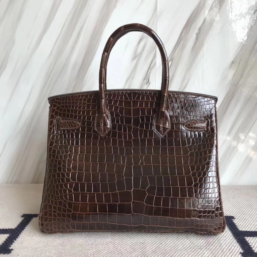 Fashion Hermes Shiny Crocodile Leather Birkin30CM Bag in 4D Coffee Gold Hardware