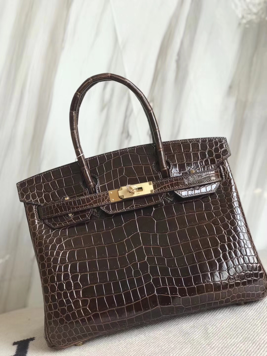 Fashion Hermes Shiny Crocodile Leather Birkin30CM Bag in 4D Coffee Gold Hardware