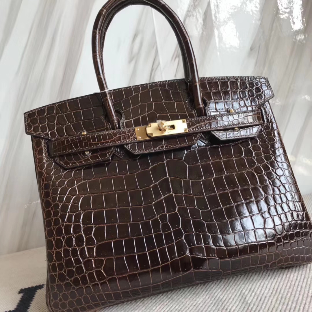 Fashion Hermes Shiny Crocodile Leather Birkin30CM Bag in 4D Coffee Gold Hardware