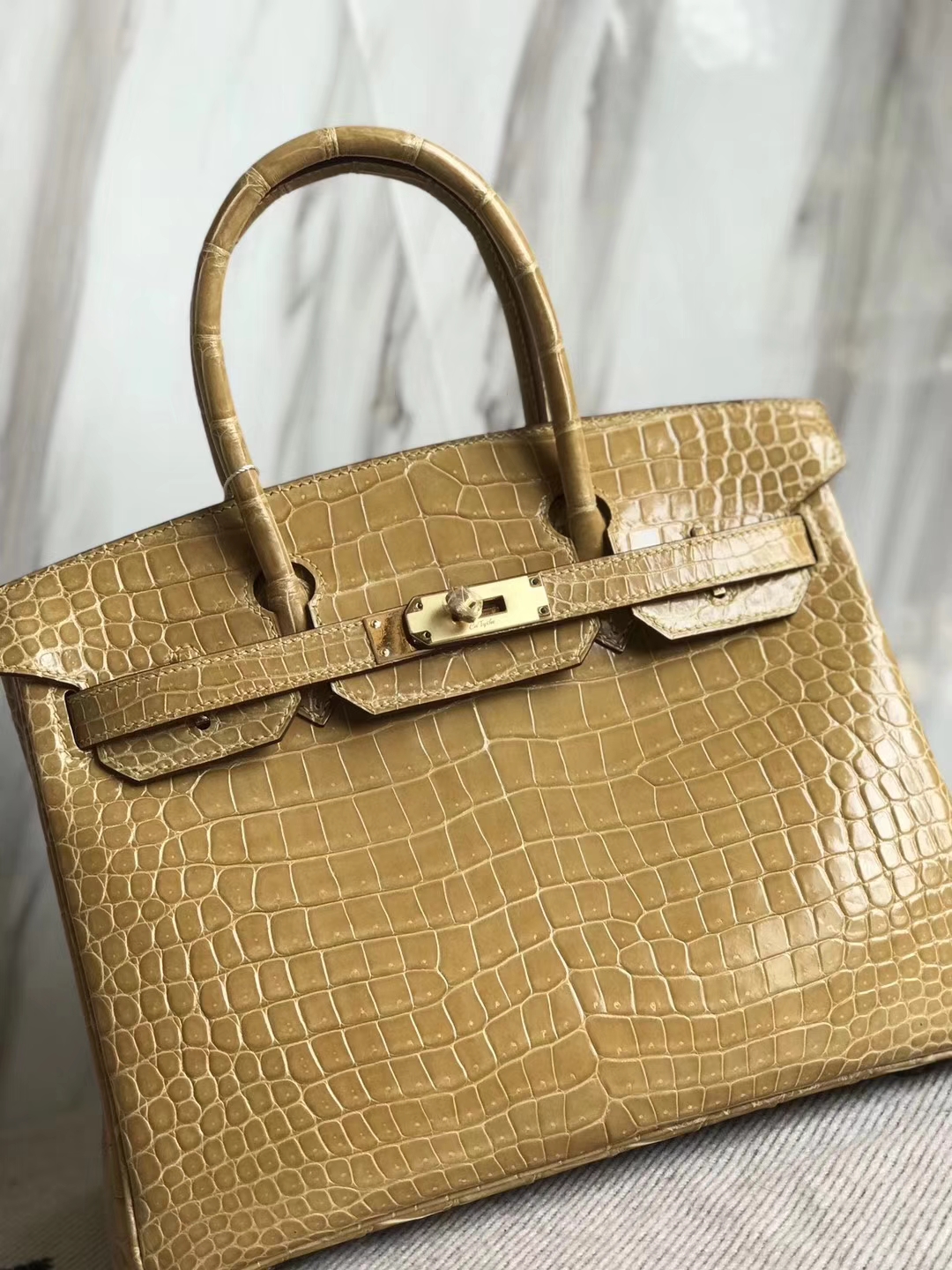 Noble Hermes 1C Poussiere Color Porosus Shiny Crocodile Birkin30CM Bag Gold Hardware