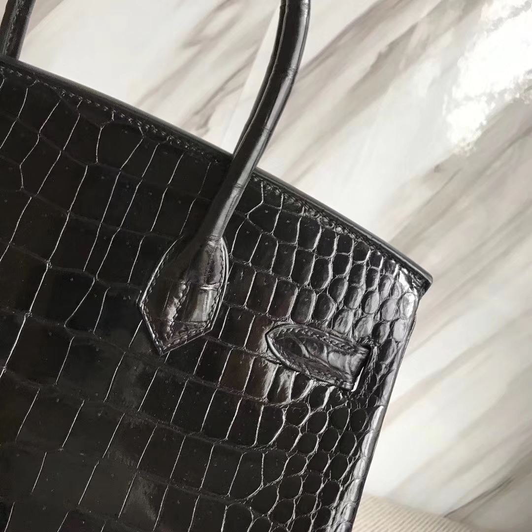 Elegant Hermes Shiny Crocodile Leather Birkin30CM Bag in Black Gold Hardware