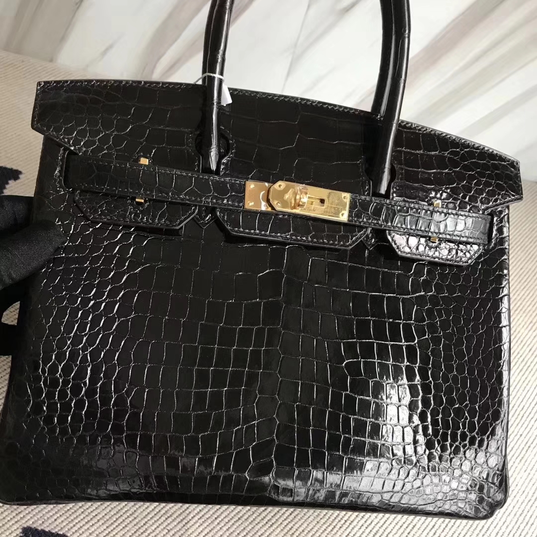 Elegant Hermes Shiny Crocodile Leather Birkin30CM Bag in Black Gold Hardware
