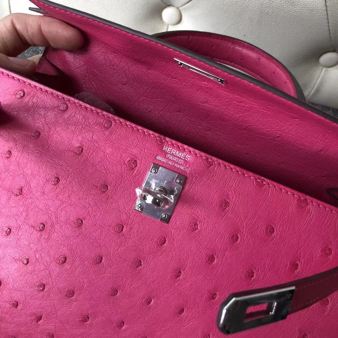 Pretty Hermes Hot Pink KK Ostrich Kelly Tote Bag25CM Silver Hardware
