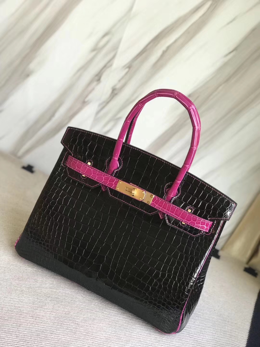 Noble Hermes CK89 Black/J5 Rose Scheherazade Shiny Crocodile Birkin30CM Bag Gold Hardware