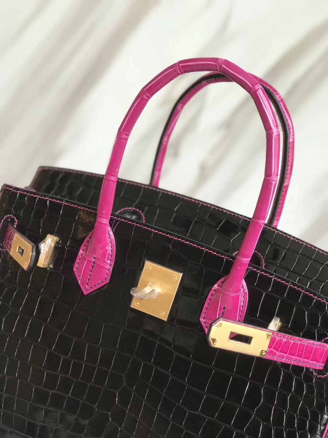 Noble Hermes CK89 Black/J5 Rose Scheherazade Shiny Crocodile Birkin30CM Bag Gold Hardware