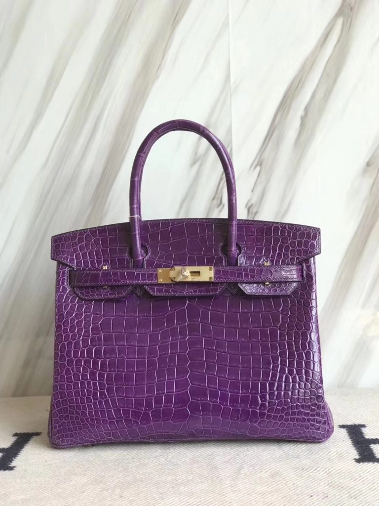 Hermes Grape Purple Porosus Shiny Crocodile Birkin Bag 30CM Gold Hardware