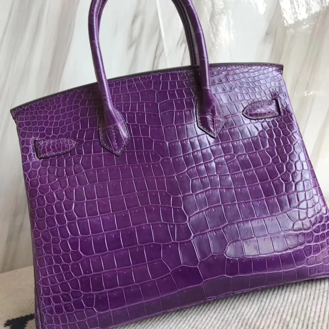 Wholesale Hermes Grape Purple Porosus Shiny Crocodile Birkin Bag30CM Gold Hardware