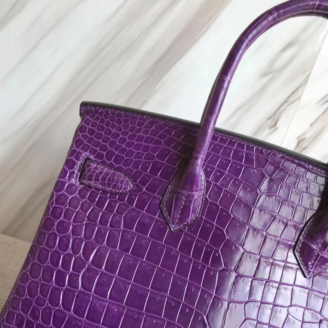 Wholesale Hermes Grape Purple Porosus Shiny Crocodile Birkin Bag30CM Gold Hardware