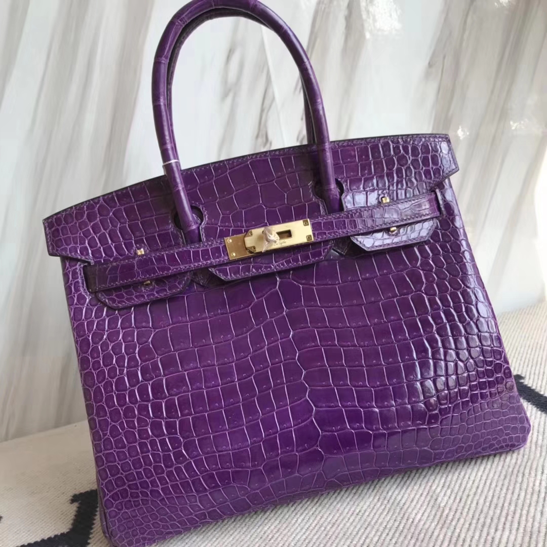 Wholesale Hermes Grape Purple Porosus Shiny Crocodile Birkin Bag30CM Gold Hardware