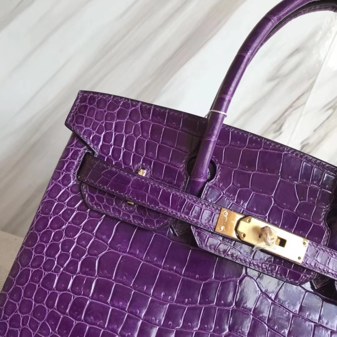 Wholesale Hermes Grape Purple Porosus Shiny Crocodile Birkin Bag30CM Gold Hardware