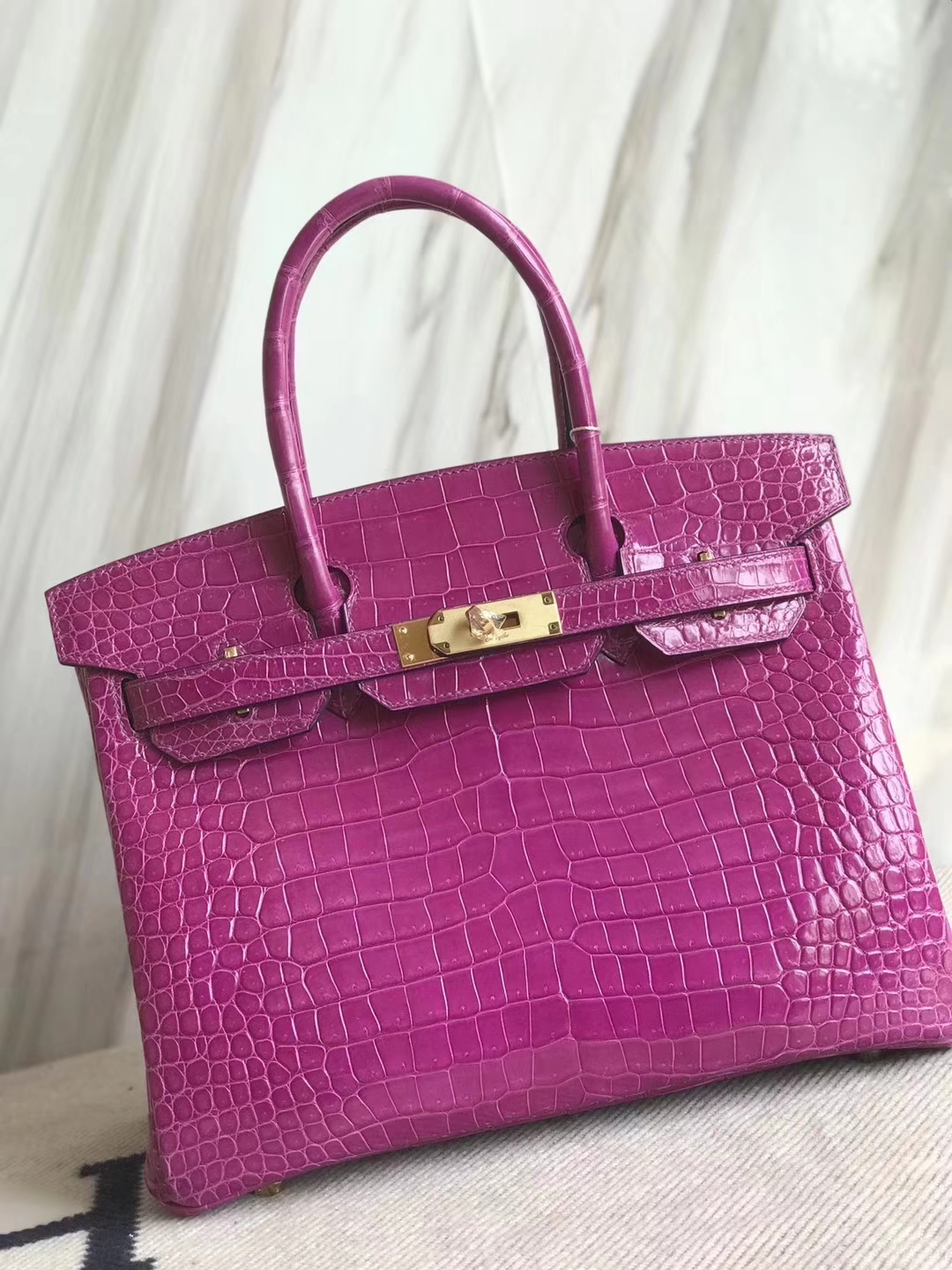 Pretty Hermes Porosus Shiny Crocodile Birkin Bag30CM in L3 Rose Purple Gold Hardware