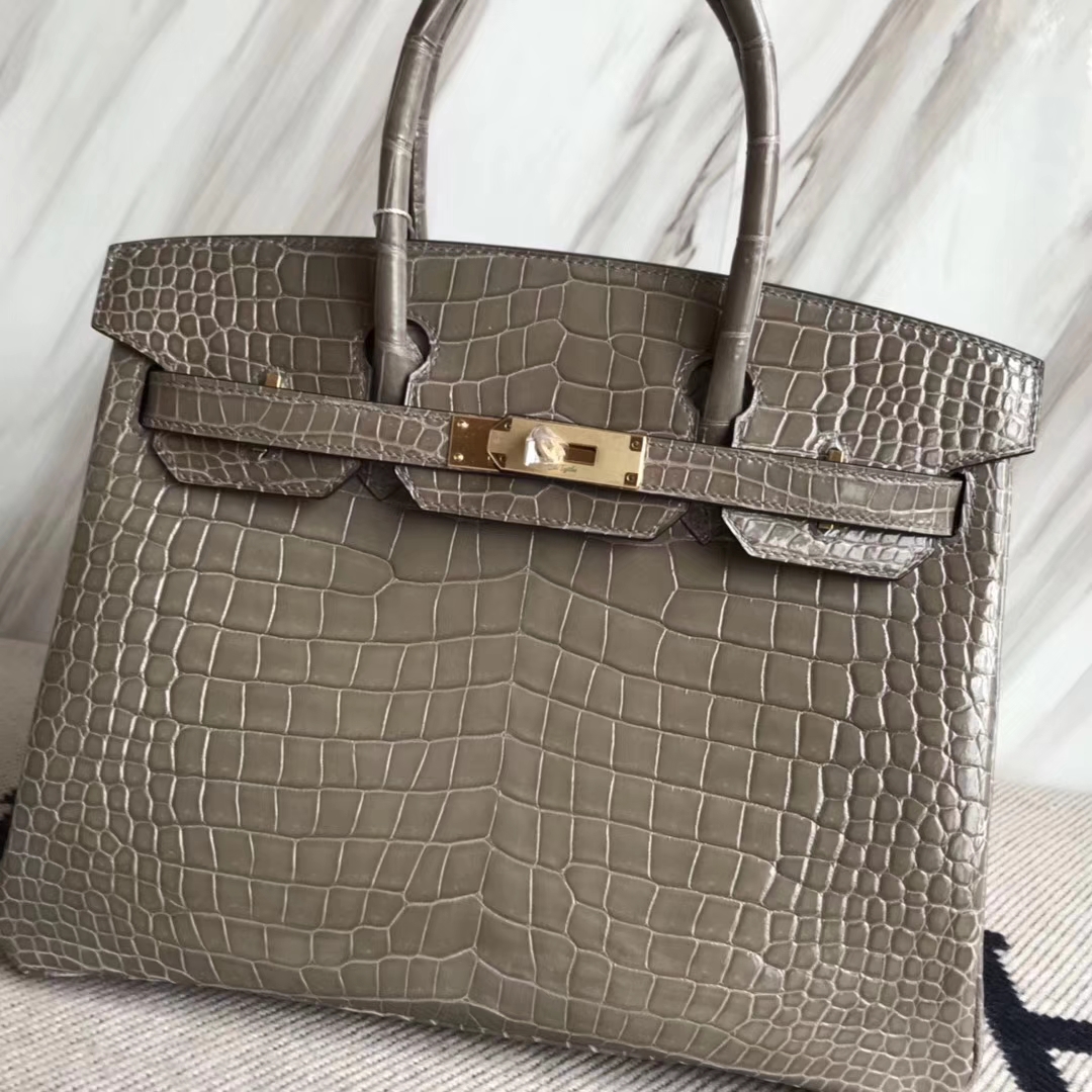 Sale Hermes CK81 Gris Tourterelle Shiny Crocodile Leather Birkin30CM Bag Gold Hardware