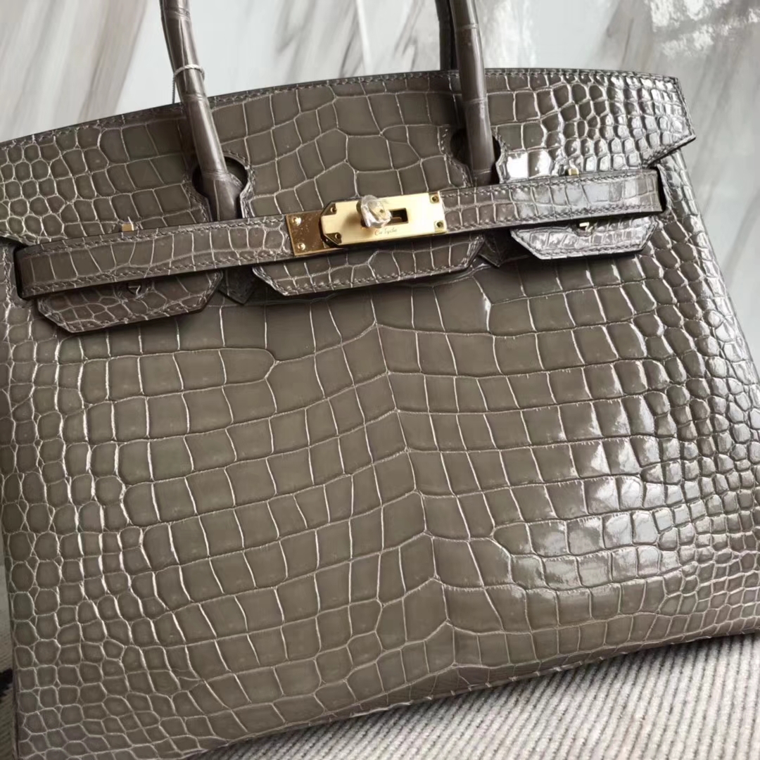 Sale Hermes CK81 Gris Tourterelle Shiny Crocodile Leather Birkin30CM Bag Gold Hardware