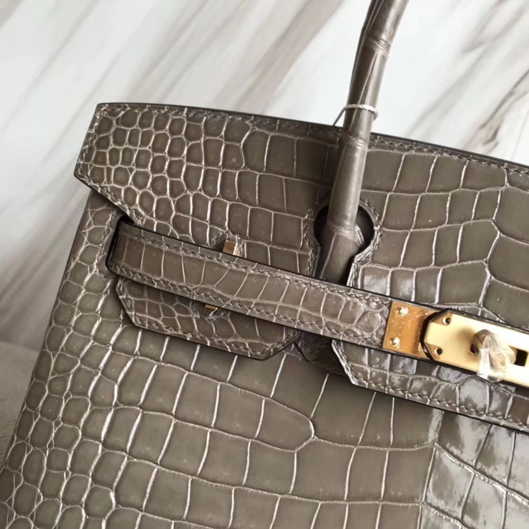 Sale Hermes CK81 Gris Tourterelle Shiny Crocodile Leather Birkin30CM Bag Gold Hardware