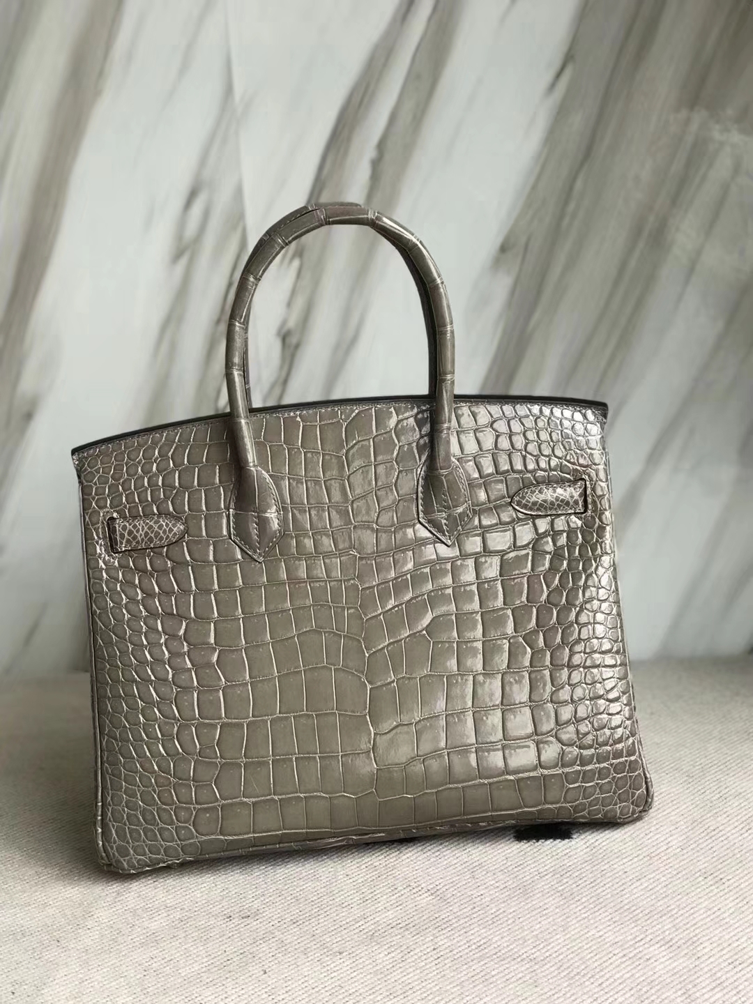 Sale Hermes CK81 Gris Tourterelle Shiny Crocodile Leather Birkin30CM Bag Gold Hardware