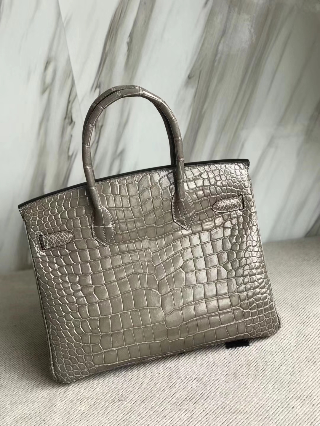 Sale Hermes CK81 Gris Tourterelle Shiny Crocodile Leather Birkin30CM Bag Gold Hardware