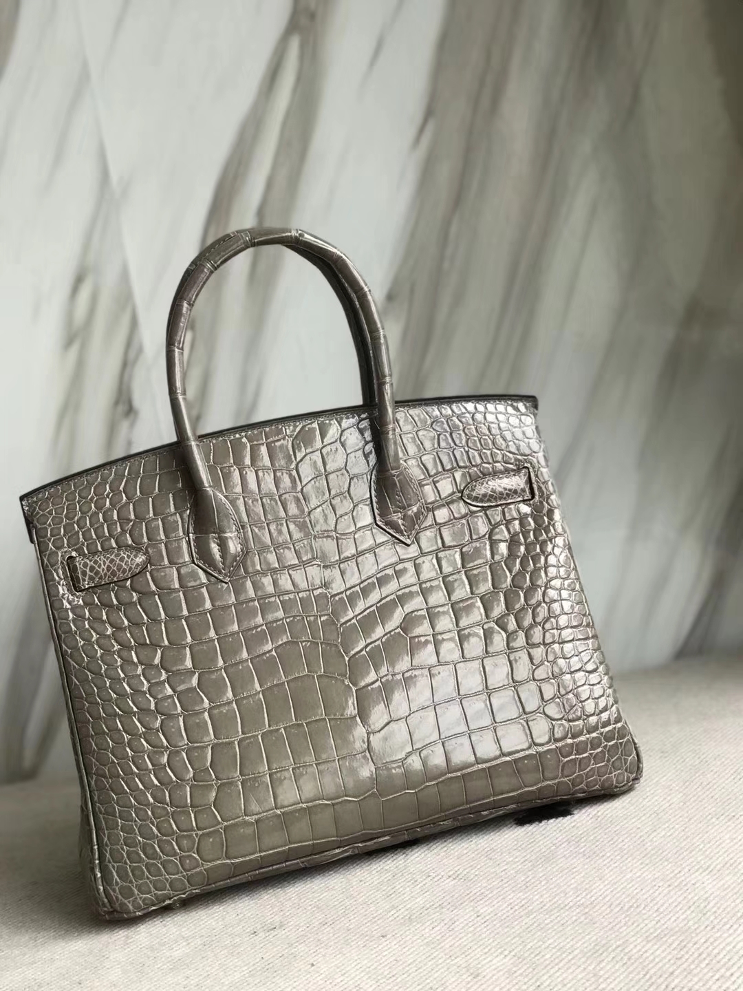 Sale Hermes CK81 Gris Tourterelle Shiny Crocodile Leather Birkin30CM Bag Gold Hardware