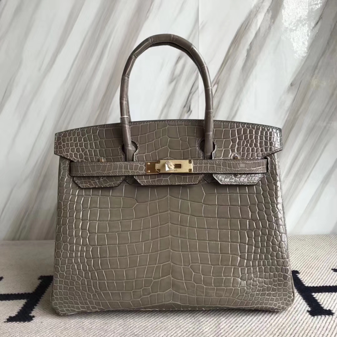 Sale Hermes CK81 Gris Tourterelle Shiny Crocodile Leather Birkin30CM Bag Gold Hardware