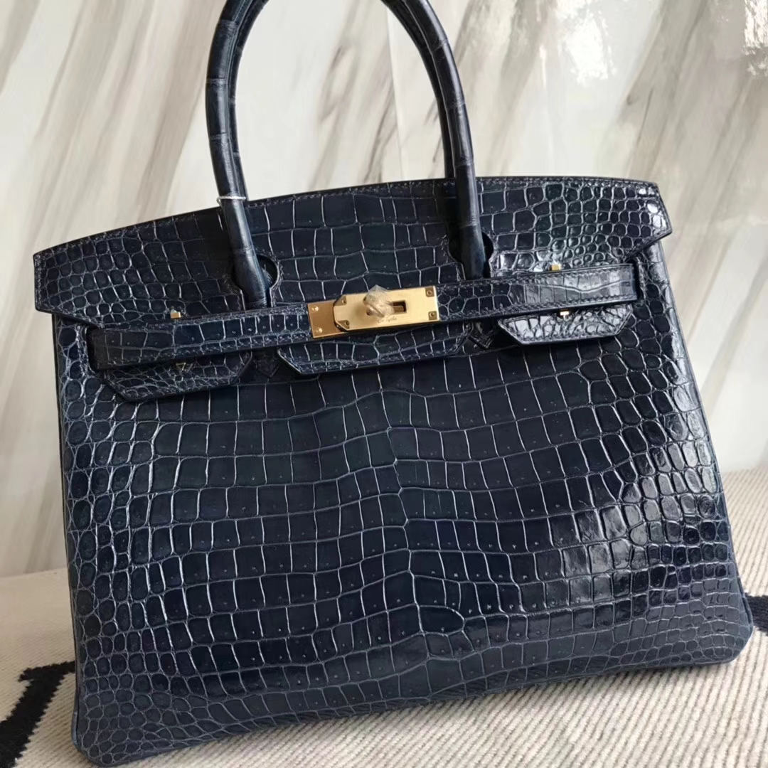 Fashion Hermes Shiny Crocodile Leather Birkin30CM Bag in N7 Blue Tempete Gold Hardware