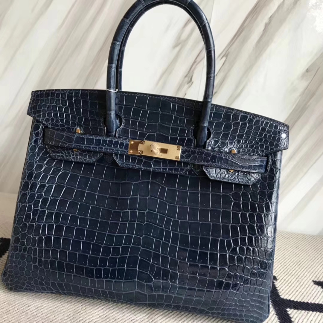 Fashion Hermes Shiny Crocodile Leather Birkin30CM Bag in N7 Blue Tempete Gold Hardware