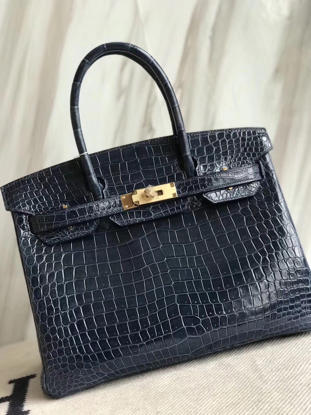 Fashion Hermes Shiny Crocodile Leather Birkin30CM Bag in N7 Blue Tempete Gold Hardware