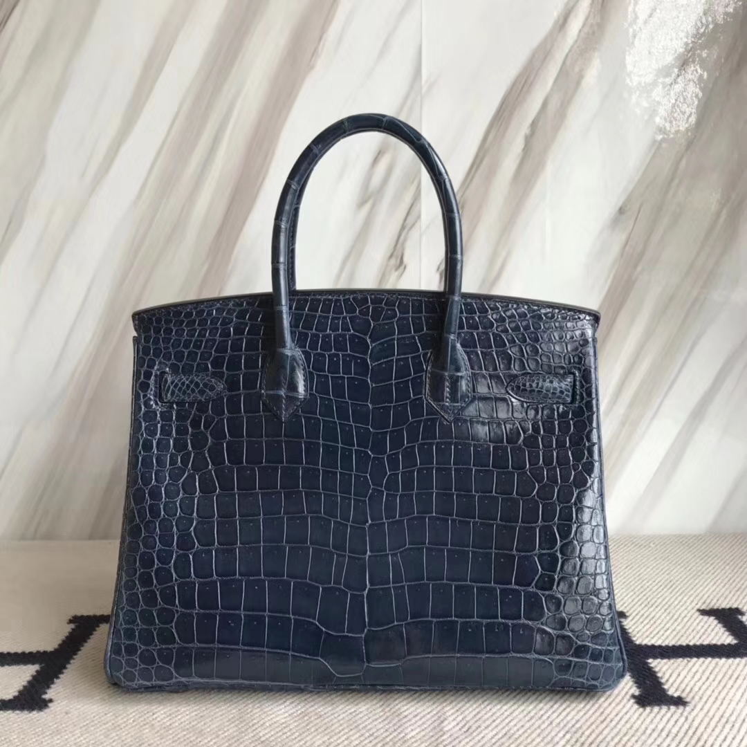 Fashion Hermes Shiny Crocodile Leather Birkin30CM Bag in N7 Blue Tempete Gold Hardware