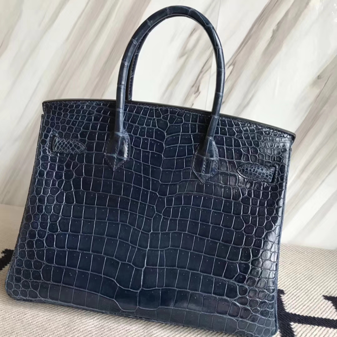 Fashion Hermes Shiny Crocodile Leather Birkin30CM Bag in N7 Blue Tempete Gold Hardware