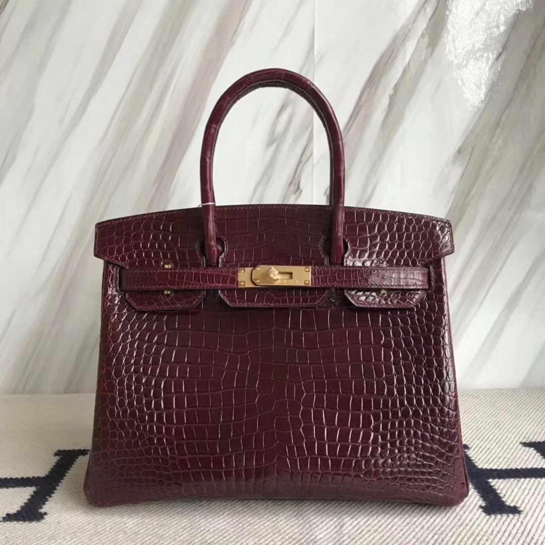 Luxury Hermes CK57 Bordeaux Red Porosus Shiny Crocodile Birkin Bag30CM Gold Hardware