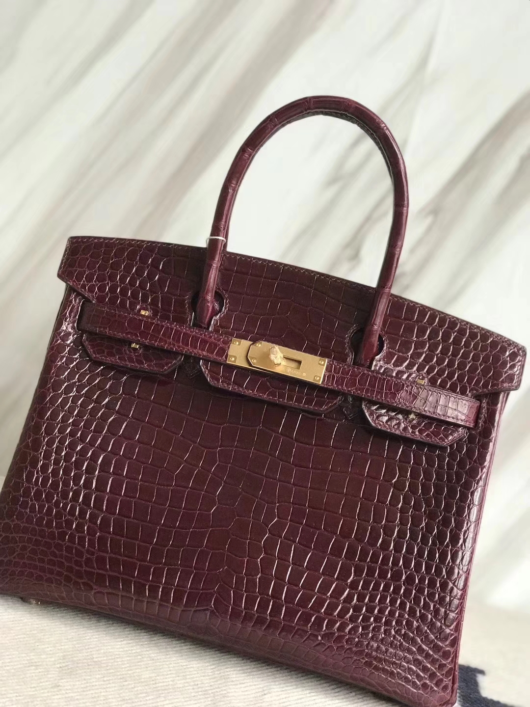 Luxury Hermes CK57 Bordeaux Red Porosus Shiny Crocodile Birkin Bag30CM Gold Hardware