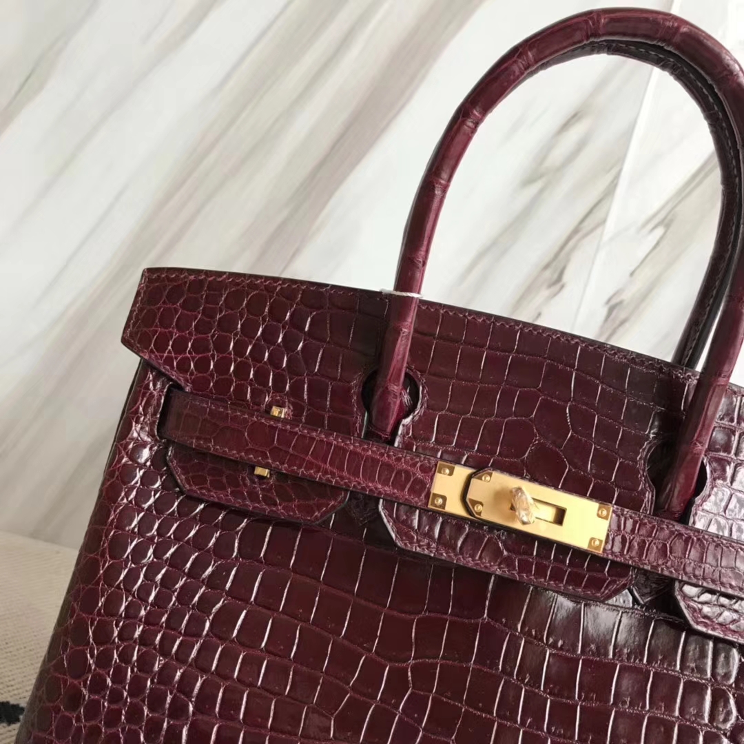 Luxury Hermes CK57 Bordeaux Red Porosus Shiny Crocodile Birkin Bag30CM Gold Hardware