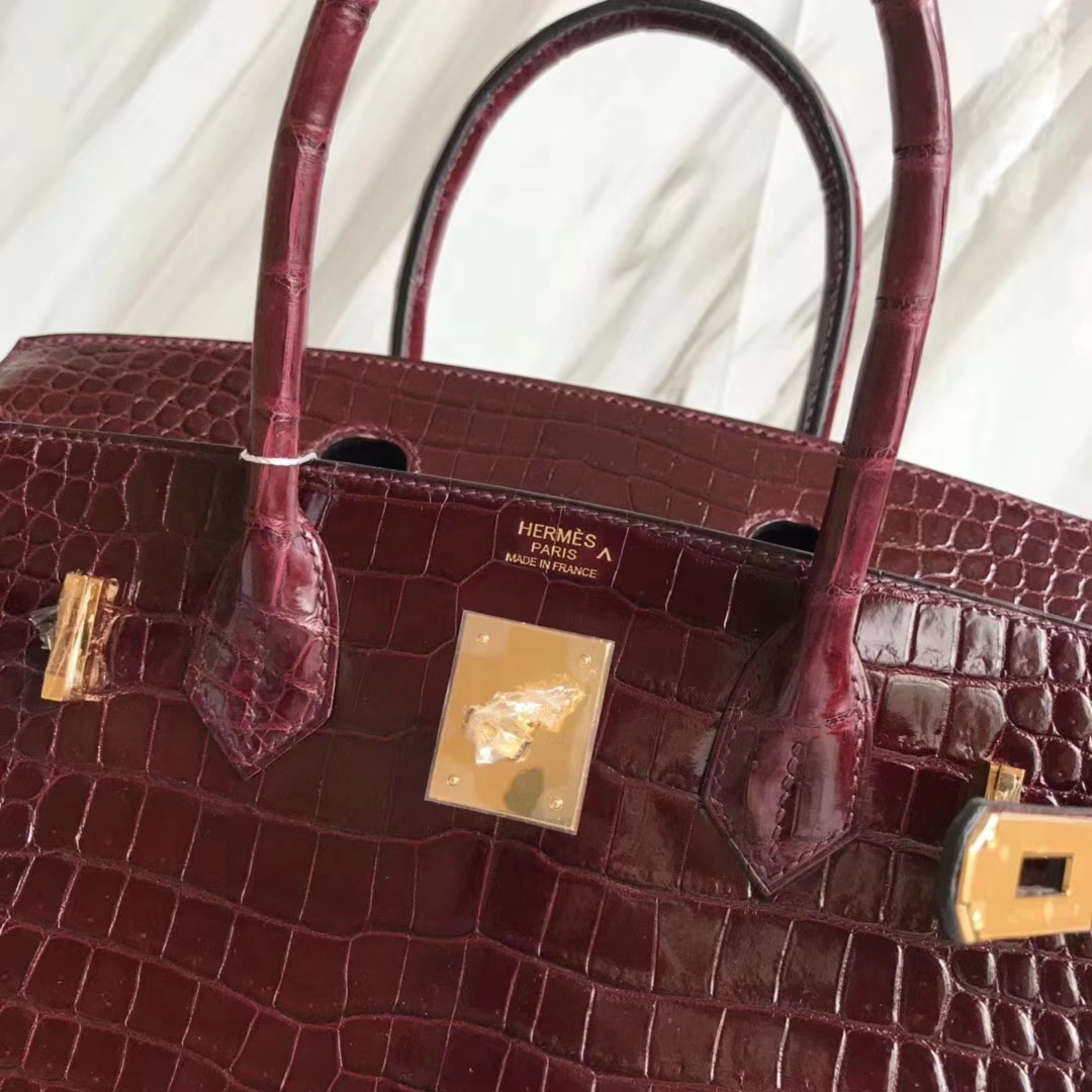 Luxury Hermes CK57 Bordeaux Red Porosus Shiny Crocodile Birkin Bag30CM Gold Hardware