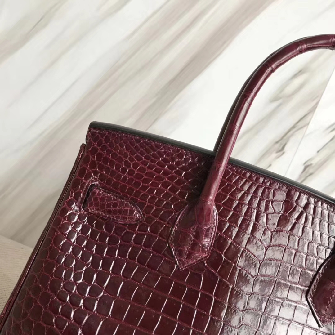 Luxury Hermes CK57 Bordeaux Red Porosus Shiny Crocodile Birkin Bag30CM Gold Hardware