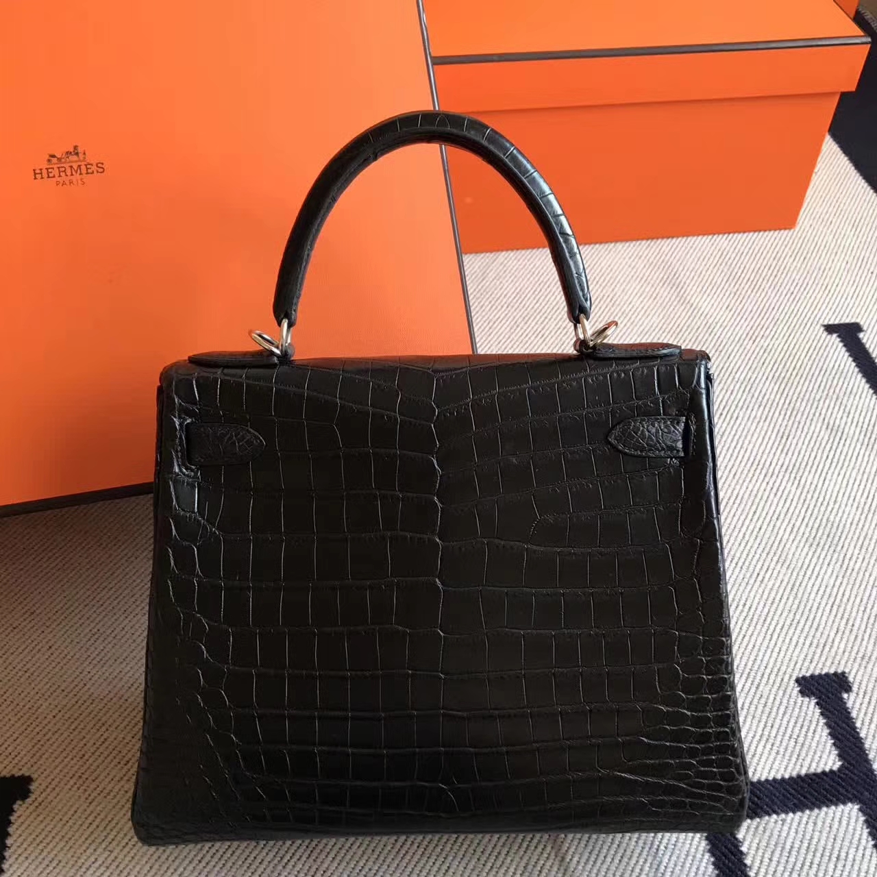 Discount Hermes CK89 Black Crocodile Matt Leather Kelly28cm Handbag