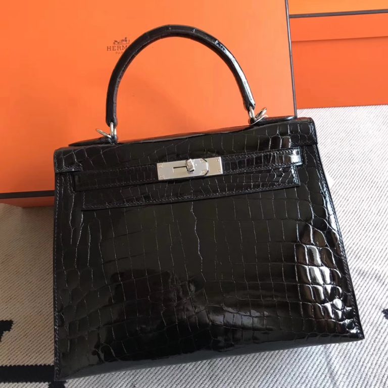 Hermes Kelly 28cm Bag in CK89 Black Crocodile Shiny Leather Silver Hardware