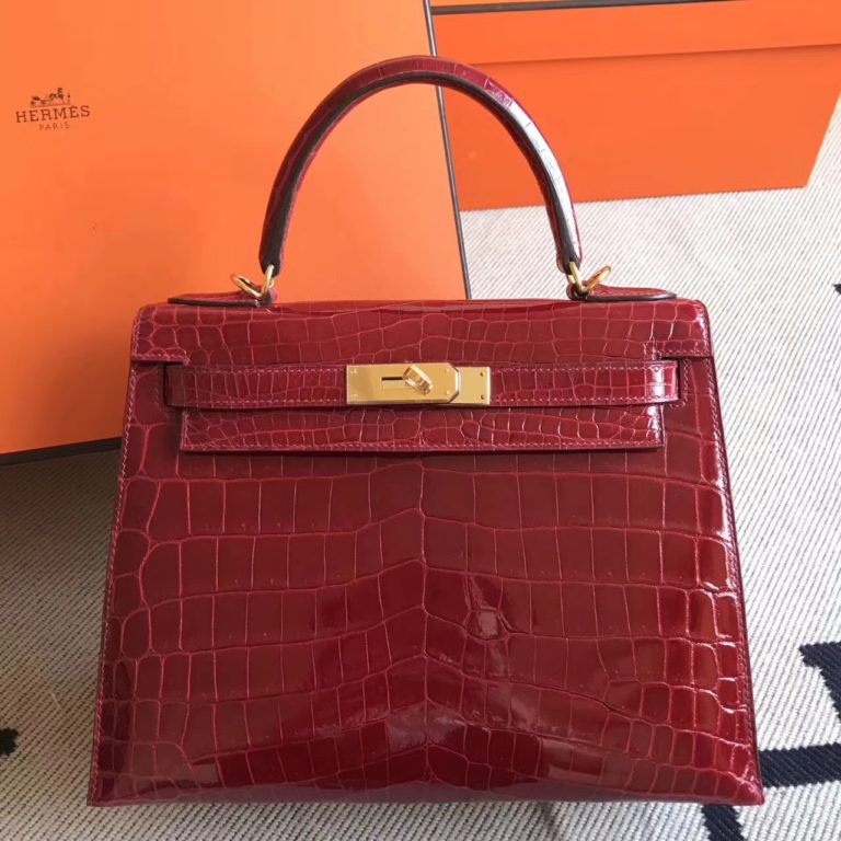 Herms CK55 Rouge H Crocodile Shiny Leather Kelly Bag  28cm Gold Hardware