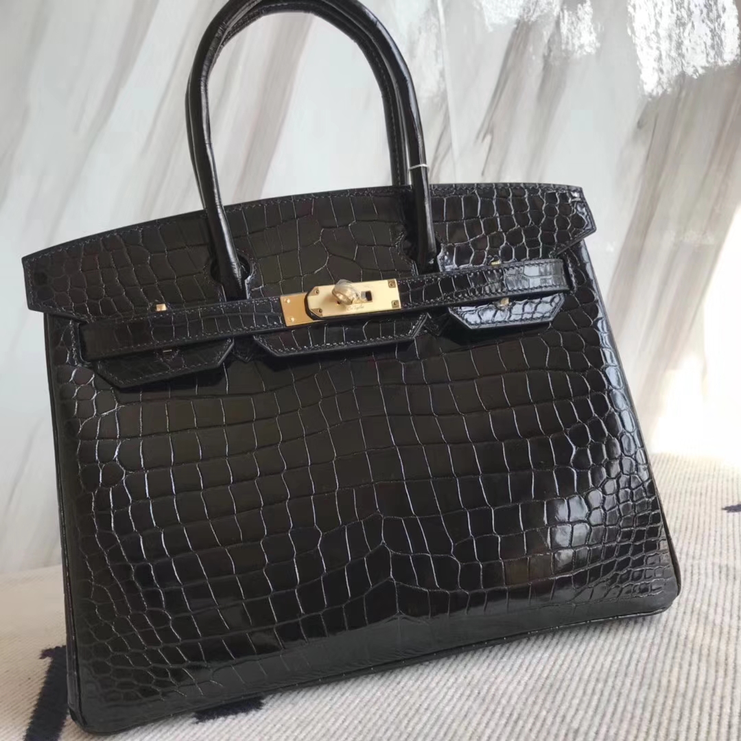 Noble Hermes CK89 Black Shiny Crocodile Birkin Bag30CM Gold Hardware