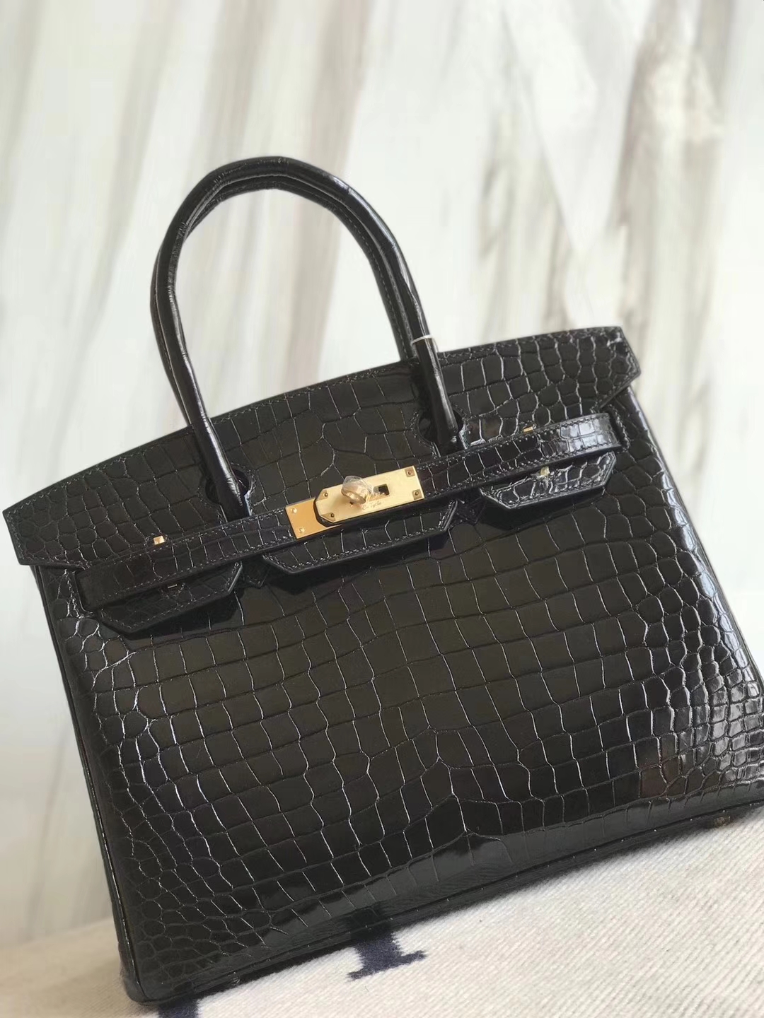 Noble Hermes CK89 Black Shiny Crocodile Birkin Bag30CM Gold Hardware