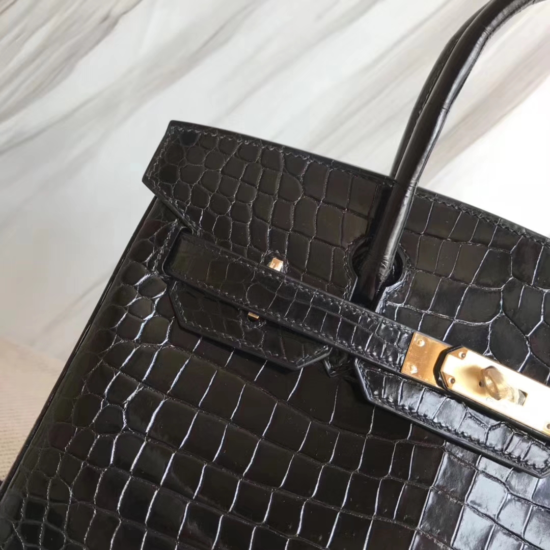 Noble Hermes CK89 Black Shiny Crocodile Birkin Bag30CM Gold Hardware